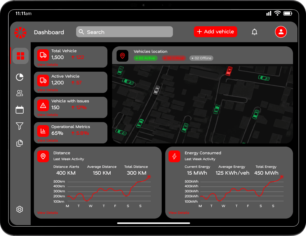 TagMyTaxi Fleet Management Dashboard — dark mode with live vehicle tracking